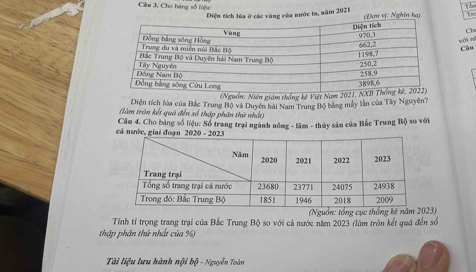 Cho bảng số liệu: Tổn 
Diện tích lúa ở các vùng của nước ta, năm 2021 
(Đơn vị: Nghìn ha) Tr 
Ch 
với nǐ 
Câu 
(Nguồn: Niên giám thống kê Việt Nam 2 
Diện tích lúa của Bắc Trung Bộ và Duyên hải Nam Trung Bộ bằng mấy lần của Tây Nguyên? 
(làm tròn kết quả đến số thập phân thứ nhất) 
Câu 4. Cho bảng số liệu: Số trang trại ngành nông - lâm - thủy sản của Bắc Trung Bộ so với 
cả nước, giai đoạn0 
(Nguồn: tổng cục thố3) 
Tính tỉ trọng trang trại của Bắc Trung Bộ so với cả nước năm 2023 (làm tròn kết quả đến số 
thập phân thứ nhất của %) 
Tài liệu lưu hành nội bộ - Nguyễn Toàn