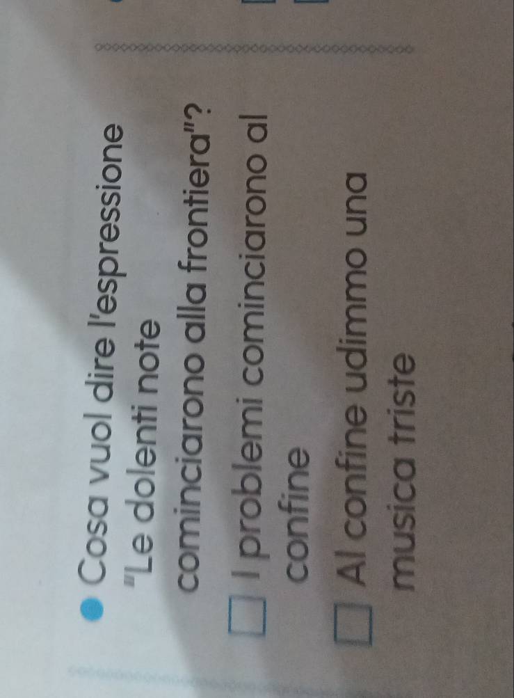 Cosa vuol dire l'espressione
"Le dolenti note
cominciarono alla frontiera"?
I problemi cominciarono al
confine
Al confine udimmo una
musica triste