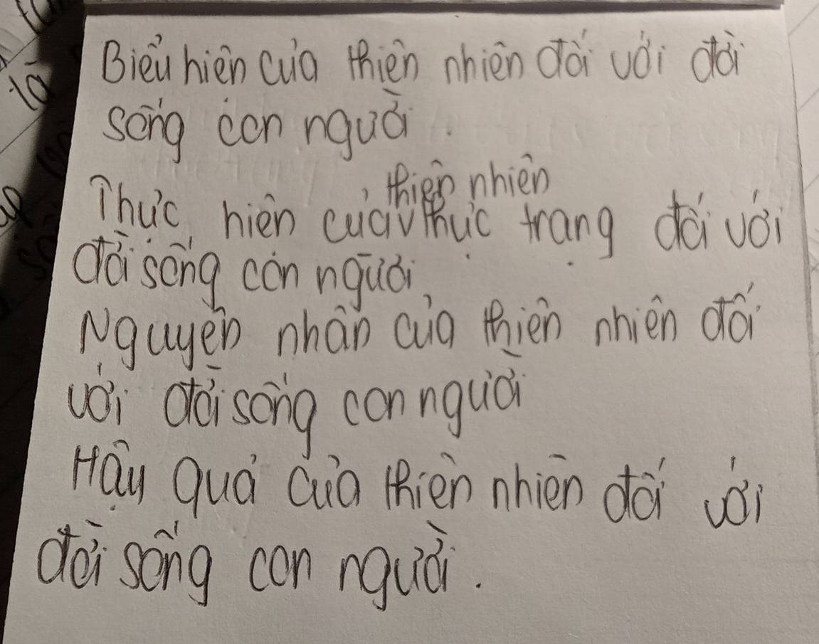 Bièihièn cuig thien nhièn dài uòi dài 
song con rquá 
thien nhien 
Thuc nièn cud uc trang dǎivo 
dà song càn nguà 
Ngugen nhán auig thién nnièn dá 
uói dài soing cannquà 
Hay quá Quia (ièn nnién doi wo 
dà song con rquò