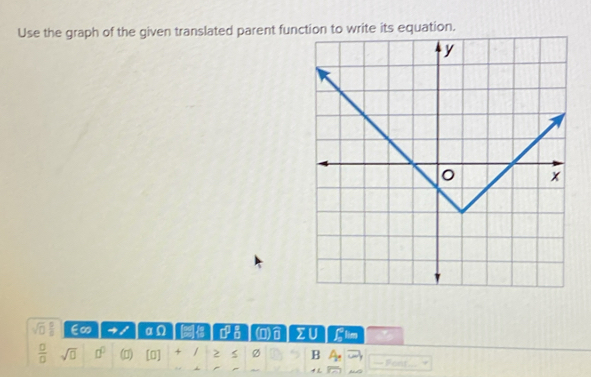 Use the graph of the given translated parent function to write its equation.
sqrt(□ )  □ /□   E∞ α n^0  3/3  (0) ∑U Llim
 □ /□   sqrt(□ ) □° (0) [0] + / 2 Ø B — Font_