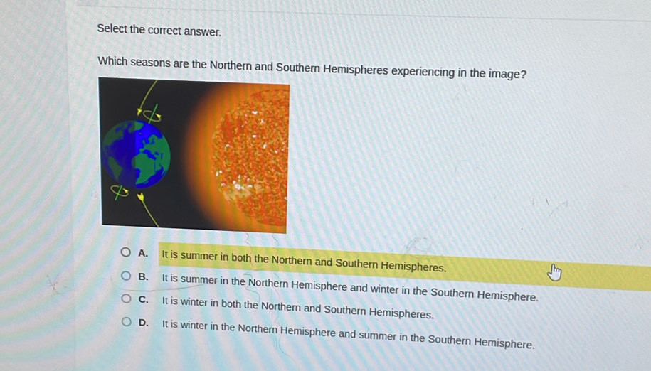 Select the correct answer.
Which seasons are the Northern and Southern Hemispheres experiencing in the image?
A. It is summer in both the Northern and Southern Hemispheres.
B. It is summer in the Northern Hemisphere and winter in the Southern Hemisphere.
C. It is winter in both the Northern and Southern Hemispheres.
D. It is winter in the Northern Hemisphere and summer in the Southern Hemisphere.