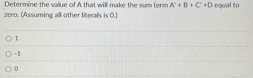 Determine the value of A that will make the sum term A'+B+C'+D equal to
zero. (Assuming all other literals is 0.)
1
-1
0