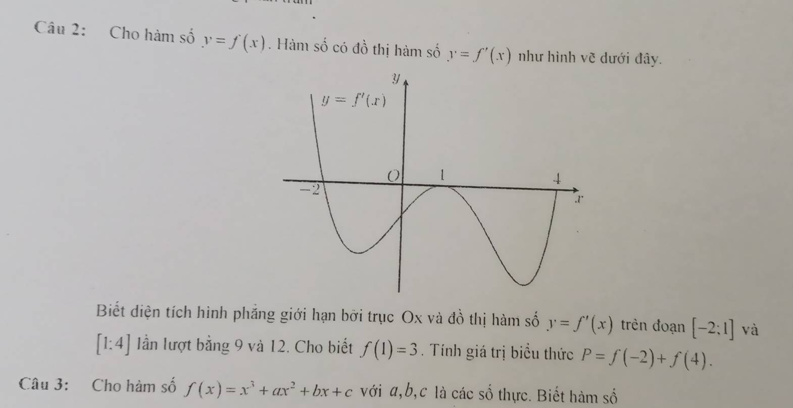 Cho hàm số y=f(x). Hàm số có đồ thị hàm số y=f'(x) như hình vẽ dưới đây.
Biết diện tích hình phẳng giới hạn bởi trục Ox và đồ thị hàm số y=f'(x) trên đoạn [-2;1] và
[1:4] Iần lượt bằng 9 và 12. Cho biết f(1)=3. Tính giá trị biểu thức P=f(-2)+f(4).
Câu 3: Cho hàm số f(x)=x^3+ax^2+bx+c với a,b,c là các số thực. Biết hàm số