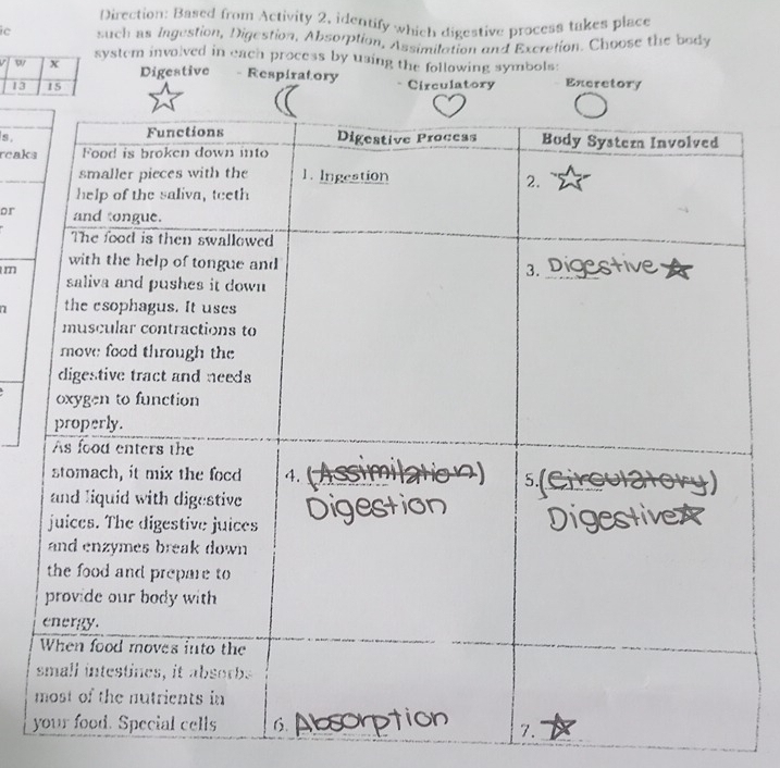 Direction: Based from Activity 2, identify which digestive process takes place
ic such as Ingestion, Digestion, Absorption, Assimilation and Excretion. Choose the body
system involved in each process by using the following symbols:
Digestive Respiratory
Circulatory Excretory
s.
reaks
or