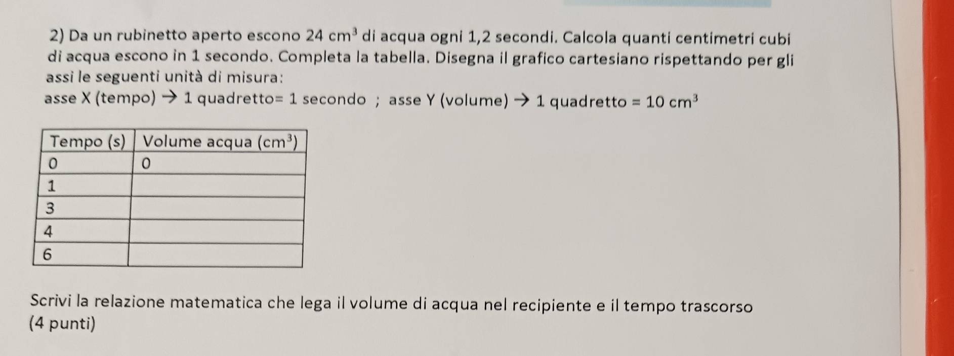 Da un rubinetto aperto escono 24cm^3 di acqua ogni 1,2 secondi. Calcola quanti centimetri cubi
di acqua escono in 1 secondo. Completa la tabella. Disegna il grafico cartesiano rispettando per gli
assi le seguenti unità di misura:
asse X (tempo) → 1 quadretto =1 secondo ； asse Y (volume) → 1 quadretto =10cm^3
Scrivi la relazione matematica che lega il volume di acqua nel recipiente e il tempo trascorso
(4 punti)