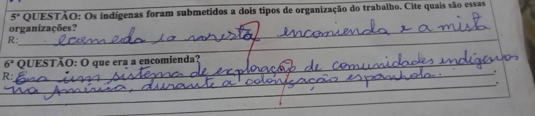 5^a QUESTÃO: Os indígenas foram submetidos a dois tipos de organização do trabalho. Cite quais são essas 
organizações? 
_ 
_ 
R: 
_
6^a _ QUESTÃO: O que era a encomienda? 
_ 
R: 
_. 
_ 
__