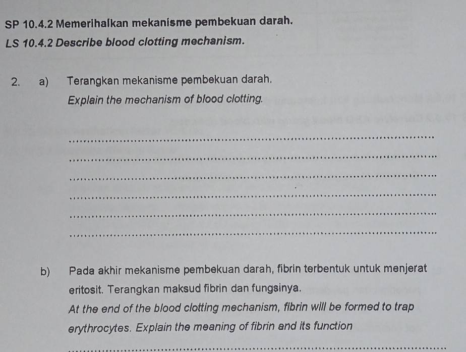 SP 10.4.2 Memerihalkan mekanisme pembekuan darah. 
LS 10.4.2 Describe blood clotting mechanism. 
2. a) Terangkan mekanisme pembekuan darah. 
Explain the mechanism of blood clotting. 
_ 
_ 
_ 
_ 
_ 
_ 
b) Pada akhir mekanisme pembekuan darah, fibrin terbentuk untuk menjerat 
eritosit. Terangkan maksud fibrin dan fungsinya. 
At the end of the blood clotting mechanism, fibrin will be formed to trap 
erythrocytes. Explain the meaning of fibrin and its function 
_