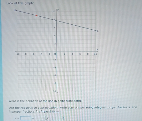 Look at this graph: 
What is the equation of the line in point-slope form? 
Use the red point in your equation. Write your answer using integers, proper fractions, and 
improper fractions in simplest form.
y-□ =□ beginpmatrix x-□ endpmatrix