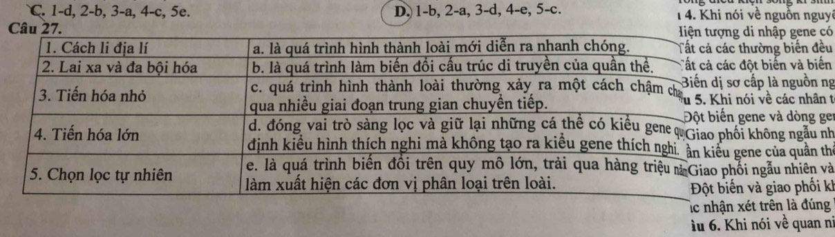 C. 1 -d, 2-b, 3 -a, 4 -c, 5e. D. 1 -b, 2 -a, 3 -d, 4 -e, 5 -c. 1 4. Khi nói về nguồn nguyê
hập gene có
ng biến đều
iến và biển
là nguồn ng
ề các nhân c
và dòng ge
ông ngầu nh
của quân thể
ẫu nhiên và
giao phối kh
lc nhận xérên là đúng
lu 6. Khi nói về quan ni