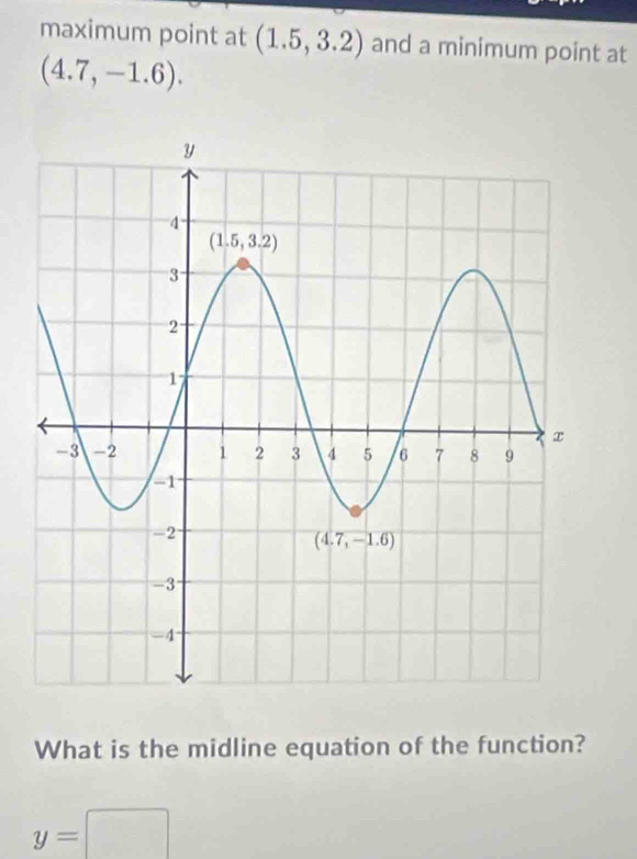 maximum point at (1.5,3.2) and a minimum point at
(4.7,-1.6).
What is the midline equation of the function?
y=□