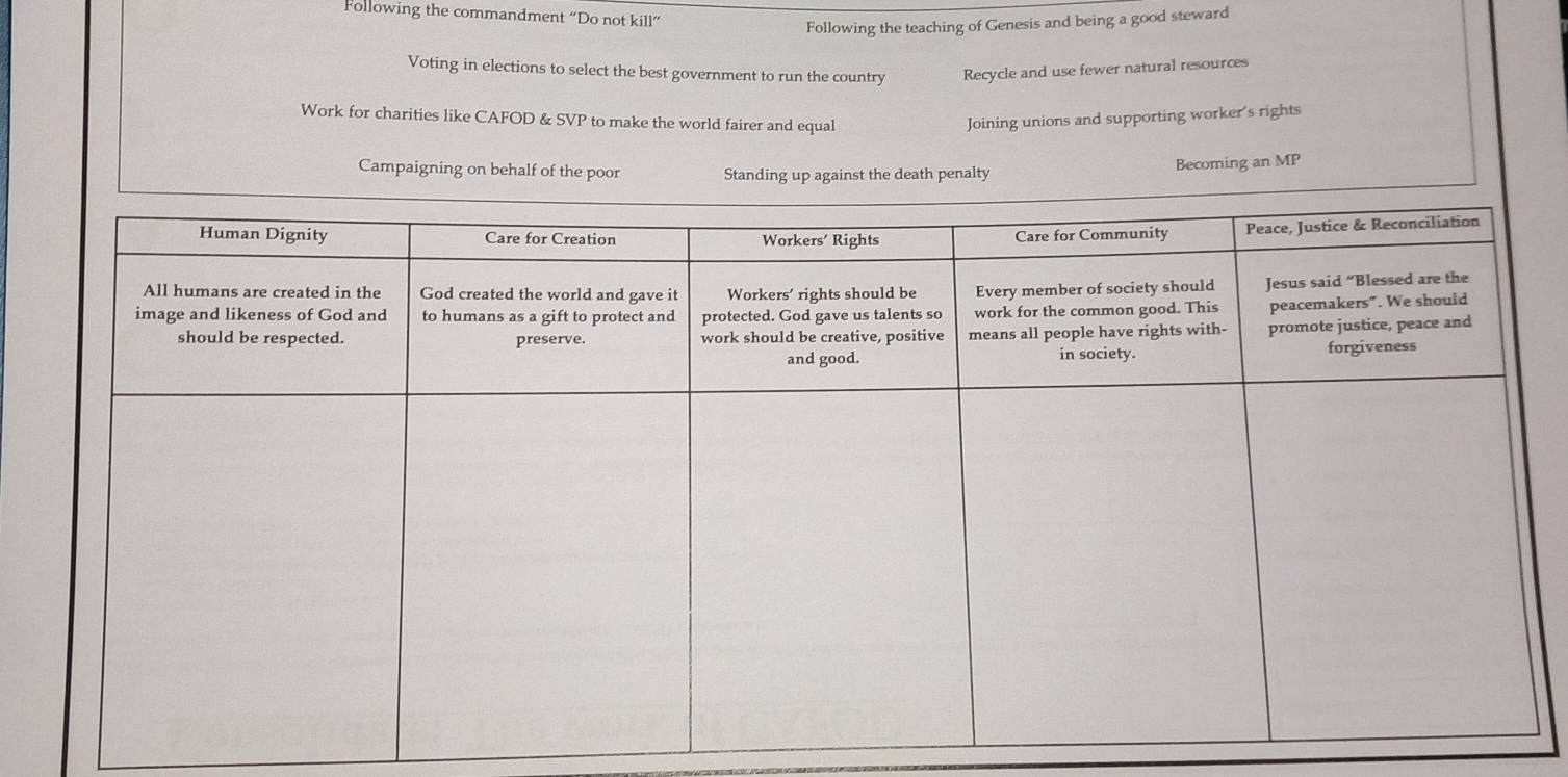 Following the commandment “Do not kill” 
Following the teaching of Genesis and being a good steward 
Voting in elections to select the best government to run the country Recycle and use fewer natural resources 
Work for charities like CAFOD & SVP to make the world fairer and equal Joining unions and supporting worker's rights 
Campaigning on behalf of the poor Standing up against the death penalty 
Becoming an MP