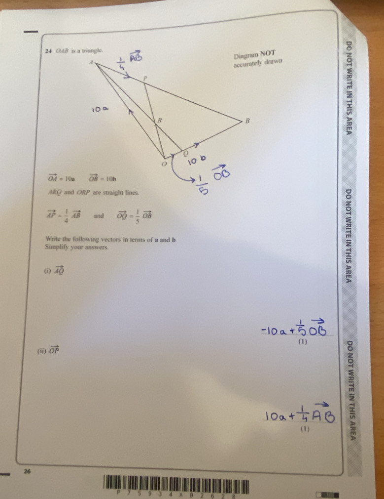 Solved: 24 OAB is a triangle. vector OA=10a vector OB=10b ARQ and ORP ...