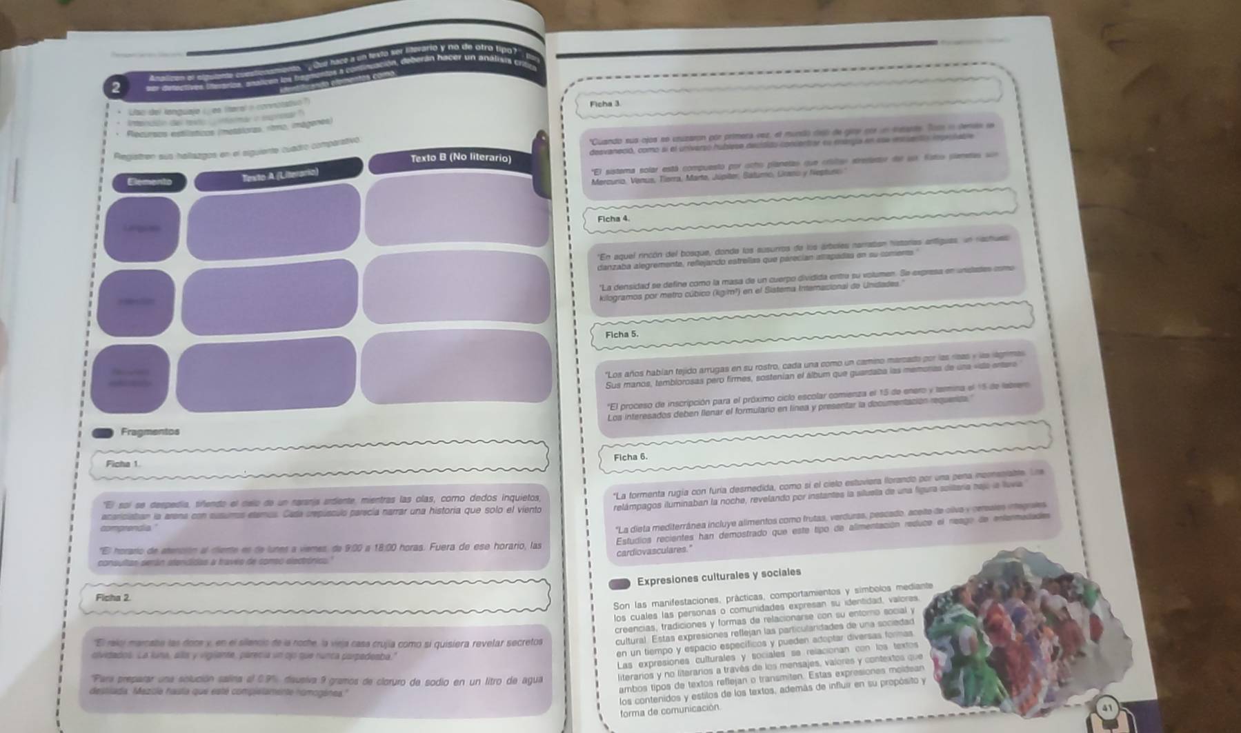 2se detectives ééráricn, analicón ion 1
Lac del lenguayo i , ee (teral a connotativo ?
Ficha 3
Andeiistón (es tar  nsnmár in eprnsar ')
Rlecureos estilláticos (metáloras, rtmo, mágenes)
Regiatron sus haltazgos en el siguiente cuadro compérativó 'Cuando sus ojos so usuzaron por primera vez, el mundo deo de gire soe un teaits. Tors in tenes se
Texto B (No literario) desvaneció, como si el univarso hublese decdióo concentrar sn mnanga en ssa esentón ipriabn
'El sistema solar está compuesto por octo planetas que cristgo etreslatoo del ue fatio slanetas se
Elemento Texto A (Literario
Mercuro, Vanus, Tierra, Marto, Júpiter, Sátumo, Lrano y Nepturo
Ficha 4.
g
En aquel rincón del bosque, donda los susurros de los árboles narratian histarias arfliguas, un ractuas
danzaba alegremente, reflejando estrellas que parecían attapadas en su comerta
"La densidad se define como la masa de un cuerpo dividida entra su volumen. Se expresa en unsates como
kilogramos por metro cúbico (kigim²) en el Sistema Interasional de Unidades.'
Ficha 5.
a
*Los años habían tejido arrugas en su rostro, cada una como un camino marcado por las reas y las lagrima
Sus manos, temblorosas pero firmes, sostenian el álbum que guardaba las memoras de una «da ertara
"El proceso de inscripción para el próximo ciclo escolar comienza el 15 de enero y trmina el 15 de lebrer
Los interesados deben llenar el formulario en línea y presentar la documentación requeriza.
Fragmentos
Ficha 1
*La formenta rugía con furía desmedida, como si el cielo estuviera llorando por una pena norsolabte Le
irelámpagos iluminaban la noche, revelando por instantes la siluela de una figura soilitaria nejo la luva
"El soí se despedía, siñendo el celo de un raranía ardiente, mientras las olas, coro dedos inquietos
acariciatian la arena con susumos etamos. Casa crepúsculó parecía narrar una historía que solo el viento
*La dieta mediterrânea incluye alimentos como frutas, verduras, pescado, aceite de oiiva y ceresies integrales
Estudios recientes han demostrado que este tipo de alimentación reduce el neago de enfermedades
'El horarío de atención al ciente es de lunes a viemes, de 9:00 a 18:00 horas. Fuera de ese horario, las
cardiovasculares."
consultas serán stendidas a travis de comeo electrónioo'
Expresiones culturales y sociales
Son las manifestaciones, prácticas, comportamientos y símbolos mediante
Ficha 2
los cuales las personas o comunidades expresan su identidad, valores
creencias, tradiciones y formas de relacionarse con su entoro social y
El ralcí marcaba las doce y, en el silencio de la noche, la vieja casa crujía como si quisiera revelar secretos
cultural. Estas expresiones reflejan las particulardades de una sociedad
Las expresiones culturales y sociales se relacionan con los textos
ovidados. La luna, ala y viglante, parecia un co que nunca parpademba."
en un tiempo y espacio específicos y pueden adoptar diversas formas
''Para preparar una solución salina el 09%, dausiva 9 gramos de cloruro de sodio en un litro de agua
literarios y no literarios a través de los mensajes, valores y contextos que
los contenidos y estilos de los textos, además de influir en su propósito y
destiada. Mezcla hasta que esté compielamente nomogénea.'
ambos tipos de textos reflejan o transmiten. Estas expresiones moldean
forma de comunicación