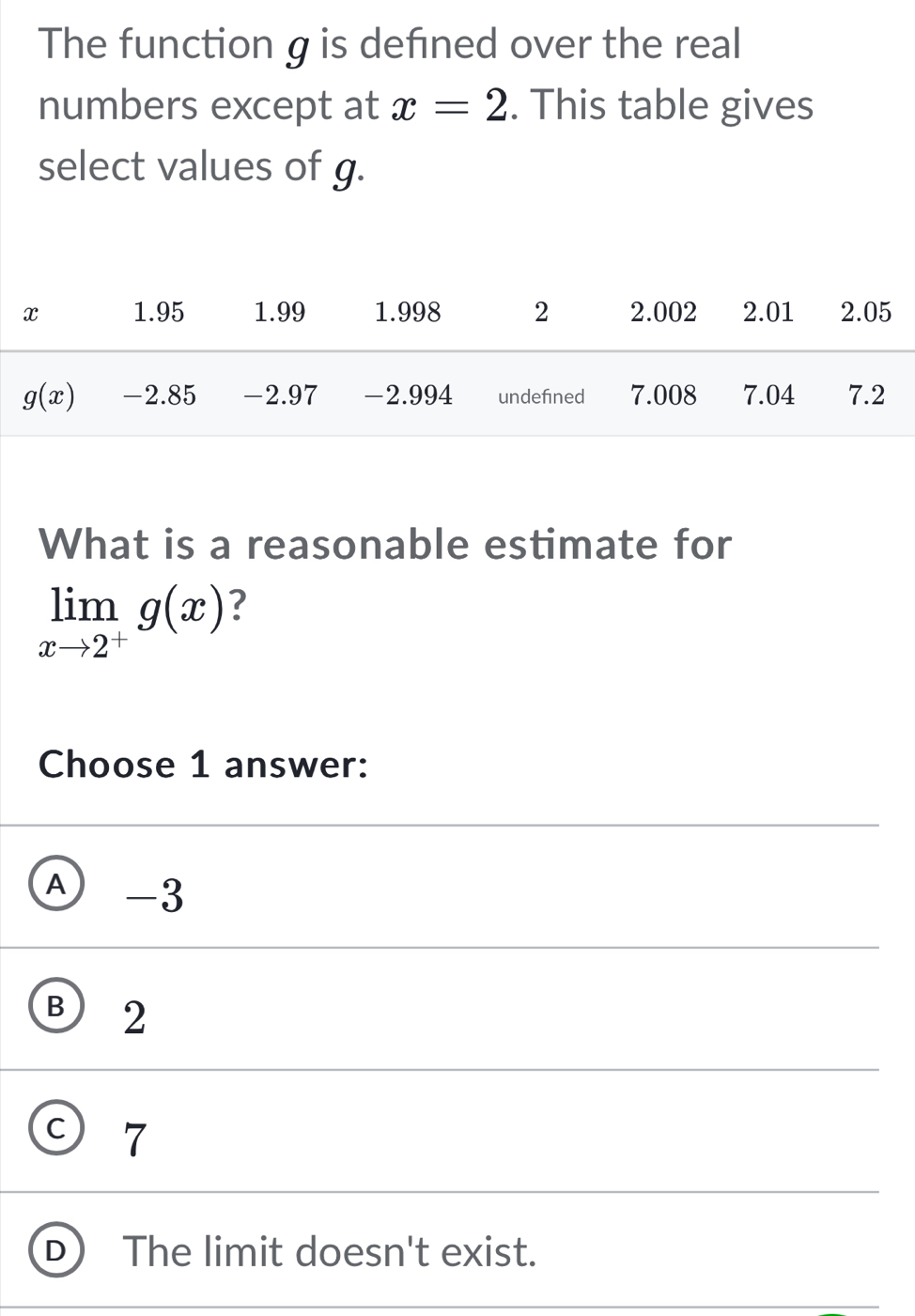 The function g is defined over the real
numbers except at x=2. This table gives
select values of g.
What is a reasonable estimate for
limlimits _xto 2^+g(x) 7
Choose 1 answer:
Ⓐ -3
B 2
C 7
D The limit doesn't exist.