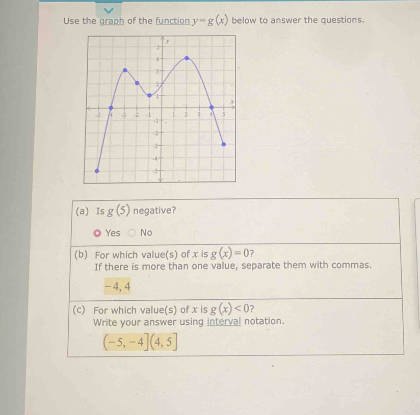 Use the graph of the function y=g(x) below to answer the questions.
(a) Is g(5) negative?
Yes No
(b) For which value(s) of x is g(x)=0 ?
If there is more than one value, separate them with commas.
-4, 4
(c) For which value(s) of x is g(x)<0</tex> ?
Write your answer using interval notation.
(-5,-4](4,5]