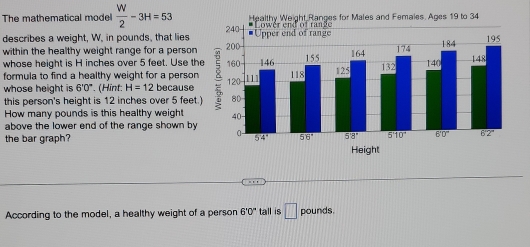 The mathematical model  W/2 -3H=53 Healthy Weight Ranges for Males and Females. Ages 19 to 34
describes a weight, W, in pounds, that lies
within the healthy weight range for a person 
whose height is H inches over 5 feet. Use the
formula to find a healthy weight for a person
whose height is 6°0°. (Hint: H=12 because
this person's height is 12 inches over 5 feet.)
How many pounds is this healthy weight 
above the lower end of the range shown by 
the bar graph? 
According to the model, a healthy weight of a person 6°0' tall is □ pounds