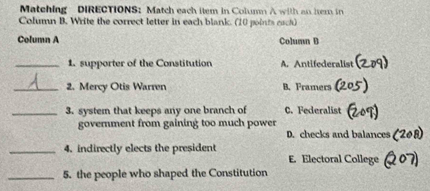 Matching DIRECTIONS: Match each item in Column A with an item in
Column B. Write the correct letter in each blank. (10 points each)
Column A Column B
_1. supporter of the Constitution A. Antifederalist
_2. Mercy Otis Warren B. Framers
_3. system that keeps any one branch of C. Federalist
government from gaining too much power
D. checks and balances
_4. indirectly elects the president
E. Electoral College
_5. the people who shaped the Constitution