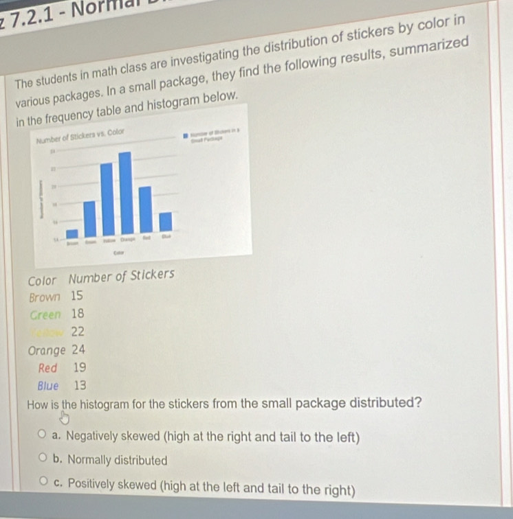 Norm al 
The students in math class are investigating the distribution of stickers by color in
various packages. In a small package, they find the following results, summarized
in the frequency table and histogram below.
Color Number of Stickers
Brown 15
Green 18
22
Orange 24
Red 19
Blue 13
How is the histogram for the stickers from the small package distributed?
a. Negatively skewed (high at the right and tail to the left)
b. Normally distributed
c. Positively skewed (high at the left and tail to the right)