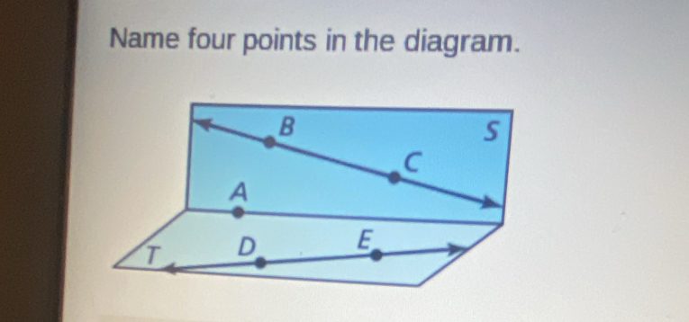 Name four points in the diagram.
B
C
A
T D E