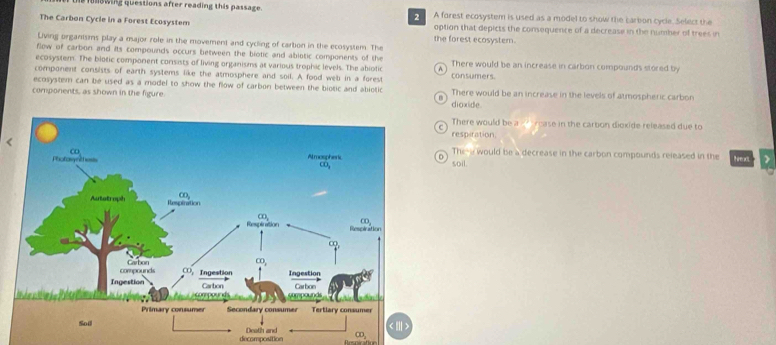 ng questions after reading this passage.  A forest ecosystem is used as a model to show the carbon cycle. Select the
The Carbon Cycle in a Forest Ecosystem the forest ecosystem. option that depicts the consequence of a decrease in the number of trees in
Living organisms play a major role in the movement and cycling of carbion in the ecosystem. The
flow of carbon and its compounds occurs between the biotic and ablotic components of the
ecosystem. The biotic component consists of living organisms at various trophic levels. The abiotic A There would be an increase in carbon compounds stored by
component consists of earth systems like the atmosphere and soil. A food web in a forest consumers.
ecosystem can be used as a model to show the flow of carbon between the biotic and abiotic
components, as shown in the figure There would be an increase in the levels of atmospheric carbon
dioxide
There would be a rease in the carbon dioxide released due to
respiration.
The-i would be a decrease in the carbon compounds released in the
D soil.
CD
decomposition