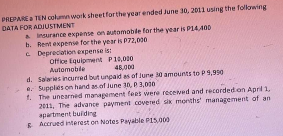 PREPARE a TEN column work sheet for the year ended June 30, 2011 using the following 
DATA FOR ADJUSTMENT 
a. Insurance expense on automobile for the year is P14,400
b. Rent expense for the year is P72,000
c. Depreciation expense is: 
Office Equipment P 10,000
Automobile 48,000
d. Salaries incurred but unpaid as of June 30 amounts to P 9,990
e. Supplies on hand as of June 30, P 3,000
f. The unearned management fees were received and recorded on April 1, 
2011, The advance payment covered six months' management of an 
apartment building 
g. Accrued interest on Notes Payable P15,000