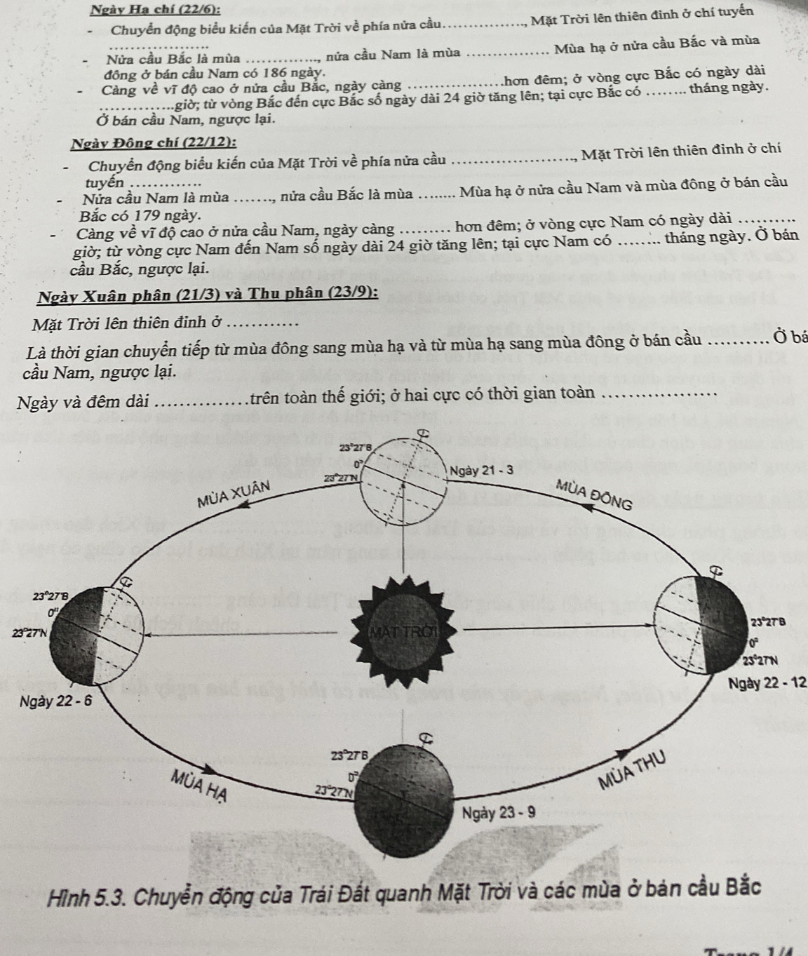 Ngày Ha chí (22/6):
-Chuyển động biểu kiến của Mặt Trời về phía nửa cầu_ Mặt Trời lên thiên đinh ở chí tuyến
Nửa cầu Bắc là mùa _nửa cầu Nam là mùa _Mùa hạ ở nửa cầu Bắc và mùa
đông ở bán cầu Nam có 186 ngày.
Càng về vĩ độ cao ở nửa cầu Bắc, ngày càng _.hơn đêm; ở vòng cực Bắc có ngày dài
_ ..giờ; từ vòng Bắc đến cực Bắc số ngày dài 24 giờ tăng lên; tại cực Bắc có  tháng ngày.
Ở bán cầu Nam, ngược lại.
Ngày Đông chí (22/12):
-Chuyển động biểu kiến của Mặt Trời về phía nửa cầu _ Mặt Trời lên thiên đỉnh ở chí
tuyến
Nửa cầu Nam là mùa ._  nửa cầu Bắc là mùa _Mùa hạ ở nửa cầu Nam và mùa đông ở bán cầu
Bắc có 179 ngày.
Càng về vĩ độ cao ở nửa cầu Nam, ngày càng _hơn đêm; ở vòng cực Nam có ngày dài_
giờ; từ vòng cực Nam đến Nam số ngày dài 24 giờ tăng lên; tại cực Nam có ._ .. tháng ngày. Ở bán
cầu Bắc, ngược lại.
Ngày Xuân phân (21/3) và Thu phân (23/9):
Mặt Trời lên thiên đinh ở_
Là thời gian chuyển tiếp từ mùa đông sang mùa hạ và từ mùa hạ sang mùa đông ở bán cầu_ Ở bá
cầu Nam, ngược lại.
Ngày và đêm dài _ttrên toàn thế giới; ở hai cực có thời gian toàn_
B
23°
N 22-12
Hình 5.3. Chuyễn động của Trái Đất quanh Mặt Trời và các mùa ở bán cầu Bắc