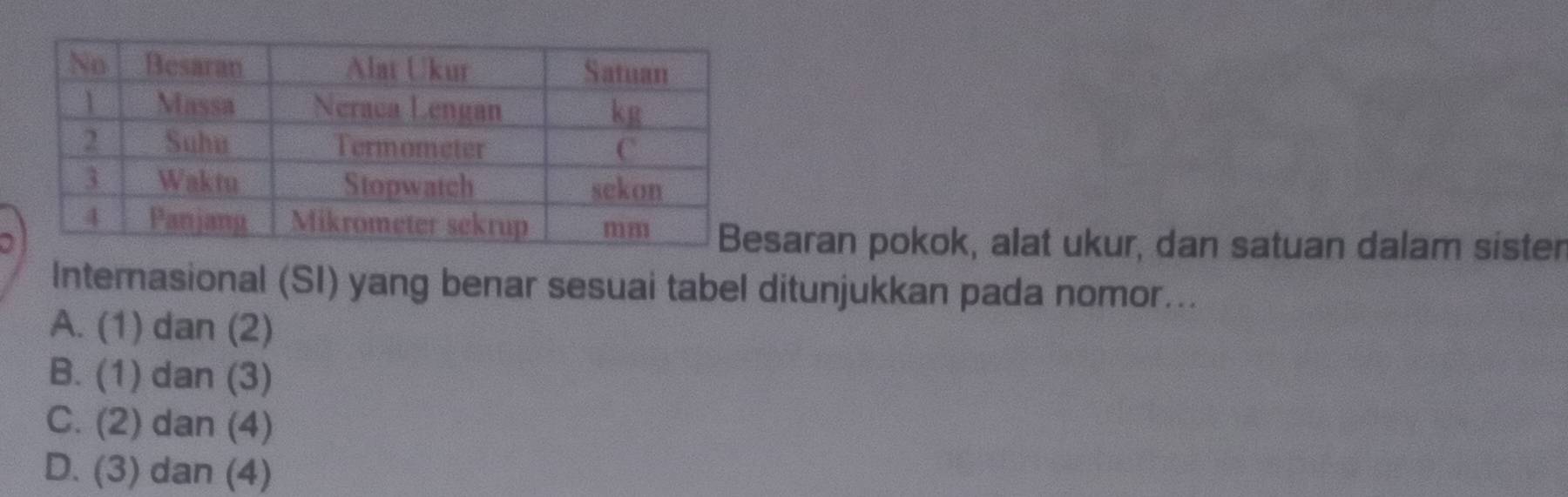 aran pokok, alat ukur, dan satuan dalam sister
Internasional (SI) yang benar sesuai tabel ditunjukkan pada nomor...
A. (1) dan (2)
B. (1) dan (3)
C. (2) dan (4)
D. (3) dan (4)