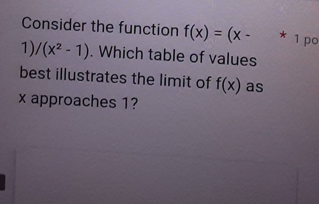 Consider the function f(x)=(x-*1po
1)/(x^2-1). Which table of values 
best illustrates the limit of f(x) as
x approaches 1?