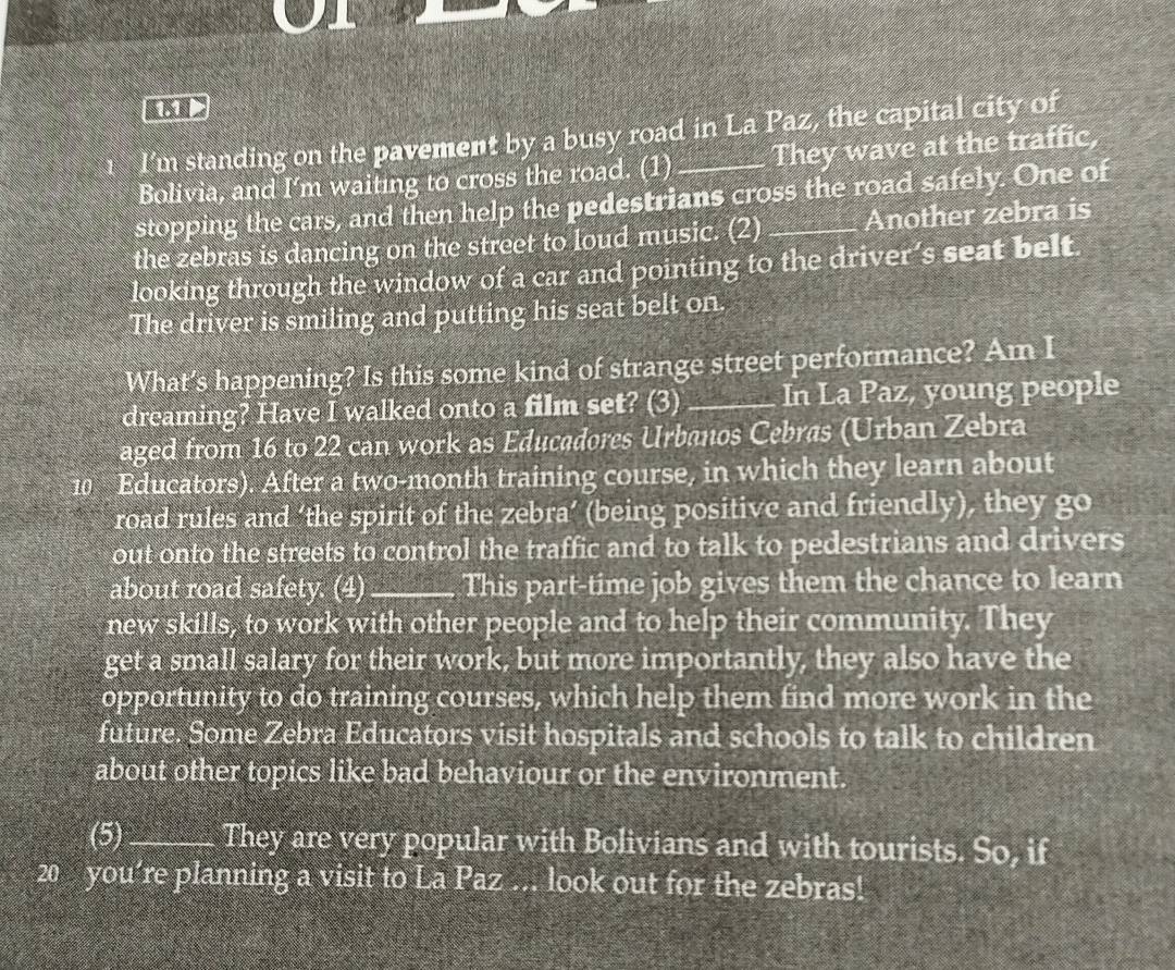 I'm standing on the pavement by a busy road in La Paz, the capital city of 
Bolivia, and I'm waiting to cross the road. (1) They wave at the traffic, 
stopping the cars, and then help the pedestrians cross the road safely. One of 
the zebras is dancing on the street to loud music. (2) Another zebra is 
looking through the window of a car and pointing to the driver’s seat belt. 
The driver is smiling and putting his seat belt on. 
What’s happening? Is this some kind of strange street performance? Am I 
dreaming? Have I walked onto a film set? (3)_ In La Paz, young people 
aged from 16 to 22 can work as Educadores Urbanos Cebras (Urban Zebra
10 Educators). After a two-month training course, in which they learn about 
road rules and ‘the spirit of the zebra’ (being positive and friendly), they go 
out onto the streets to control the traffic and to talk to pedestrians and drivers 
about road safety. (4) _This part-time job gives them the chance to learn 
new skills, to work with other people and to help their community. They 
get a small salary for their work, but more importantly, they also have the 
opportunity to do training courses, which help them find more work in the 
future. Some Zebra Educators visit hospitals and schools to talk to children 
about other topics like bad behaviour or the environment. 
(5)_ They are very popular with Bolivians and with tourists. So, if
20 you’re planning a visit to La Paz ... look out for the zebras!