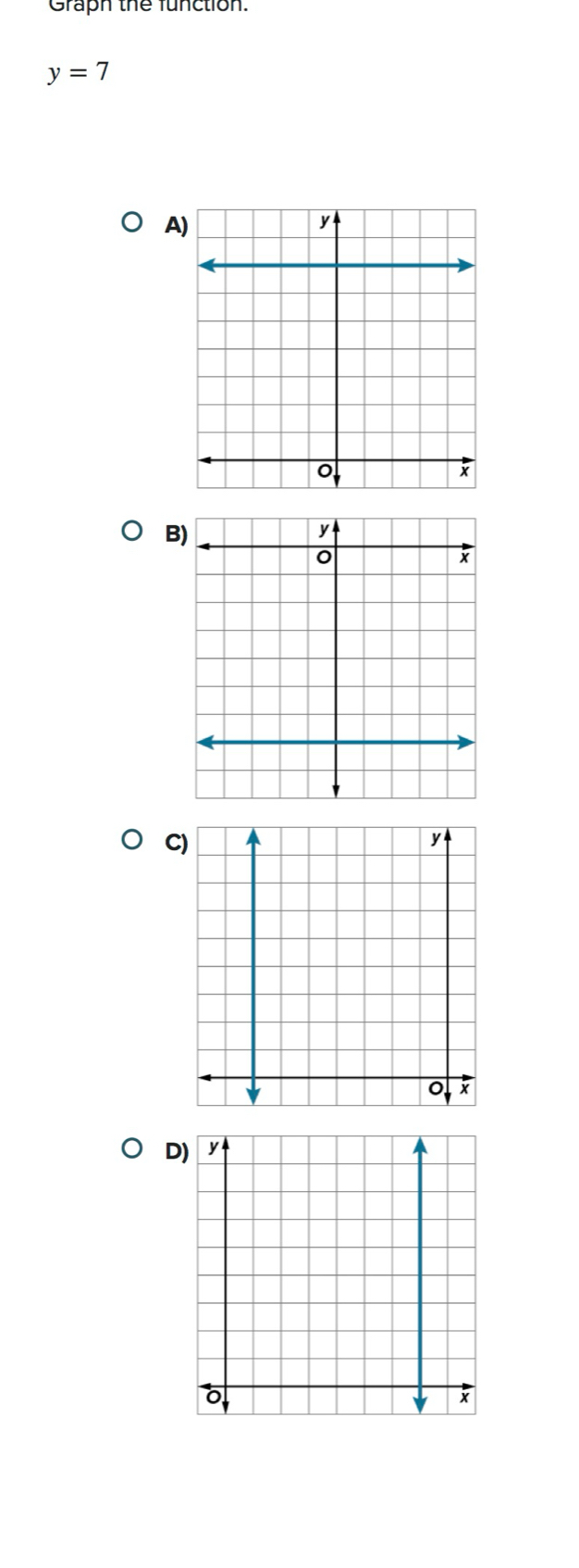 Graph the function.
y=7
A) 
B) 
C) 
D)