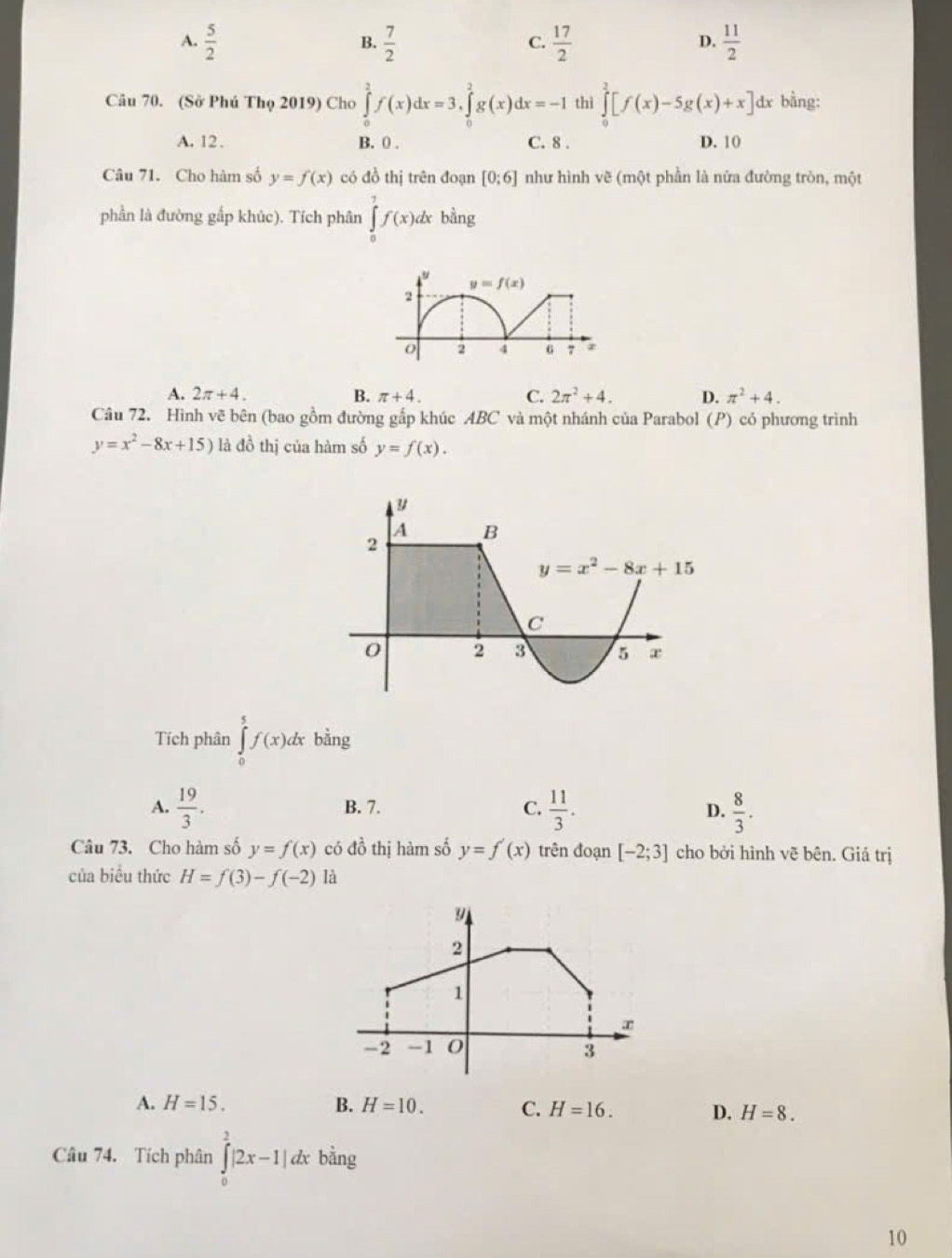 A.  5/2   7/2   17/2   11/2 
B.
C.
D.
Câu 70. (Sở Phú Thọ 2019) Cho ∈tlimits _0^(2f(x)dx=3,∈tlimits _0^2g(x)dx=-1 thì ∈tlimits _0^2[f(x)-5g(x)+x] dx bằng:
A. 12 . B. 0 . C. 8 . D. 10
Câu 71. Cho hàm số y=f(x) có đồ thị trên đoạn [0:6] như hình vẽ (một phần là nửa đường tròn, một
phần là đường gắp khúc). Tích phân ∈tlimits _0^7f(x)dx bằng
y=f(x)
2
o 2 4 6 7 z
A. 2π +4. B. π +4. C. 2π ^2)+4. D. π^2+4.
Câu 72. Hình vẽ bên (bao gồm đường gắp khúc ABC và một nhánh của Parabol (P) có phương trình
y=x^2-8x+15) là đồ thị của hàm số y=f(x).
Tích phân ∈tlimits _0^(5f(x)dx bằng
A. frac 19)3. B. 7. C.  11/3 . D.  8/3 .
Câu 73. Cho hàm số y=f(x) có đồ thị hàm số y=f'(x) trên đoạn [-2;3] cho bởi hình vẽ bên. Giá trị
của biểu thức H=f(3)-f(-2) là
A. H=15. B. H=10. C. H=16. D. H=8.
Câu 74. Tích phân ∈tlimits _0^2|2x-1|dxbing
10