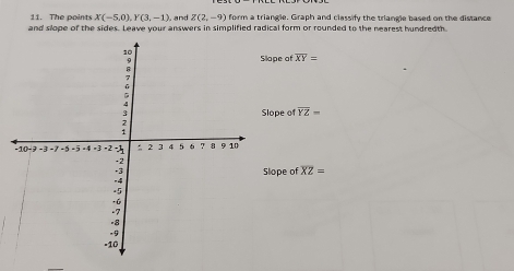 The points X(-5,0), Y(3,-1). and Z(2,-9) form a triangle, Graph and classify the triangle based on the distance
and slope of the sides. Leave your answers in simplified radical form or rounded to the nearest hundredth
lope of overline XY=
lope of overline YZ=
lope of overline XZ=