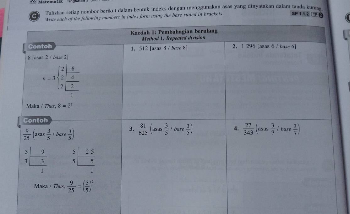 Matematik Tingkatan
C Tuliskan setiap nombor berikut dalam bentuk indeks dengan menggunakan asas yang dinyatakan dalam tanda kurung.
in index form using the base stated in brackets.
SP 1.1.2 TP