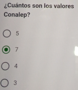 ¿Cuántos son los valores
Conalep?
5
7
4
3