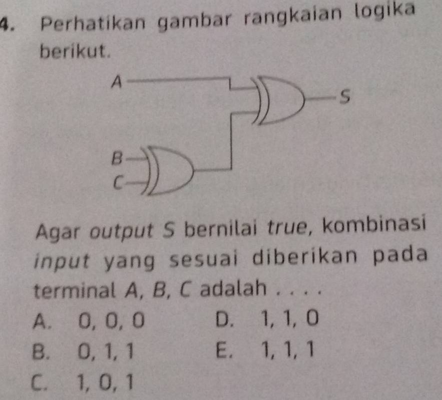 Perhatíkan gambar rangkaian logika
berikut.
Agar output S bernilai true, kombinasi
input yang sesuai diberikan pada
terminal A, B, C adalah . . . .
A. 0, 0, 0 D. 1, 1, 0
B. 0, 1, 1 E. 1, 1, 1
C. 1, 0, 1