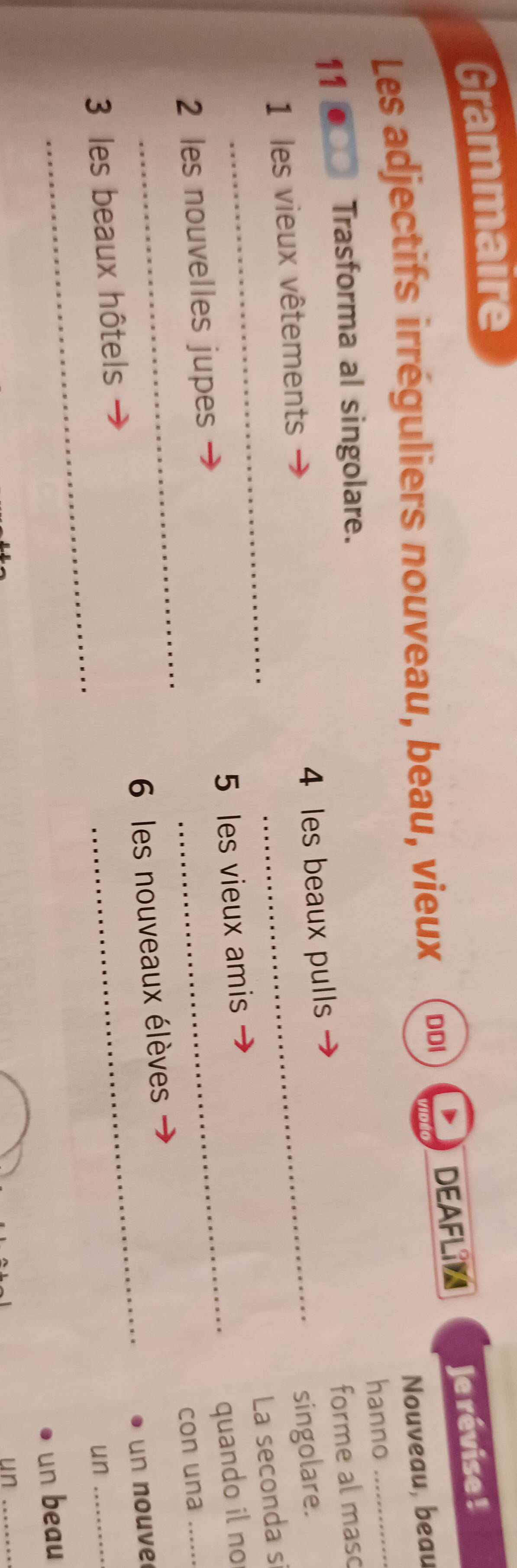 Grammaire 
DEAFLIN Je révise ! 
Nouveau, beau 
Les adjectifs irréguliers nouveau, beau, vieux DDI 
hanno_ 
11 
Trasforma al singolare. 
forme al masc 
1 les vieux vêtements 4 les beaux pulls 
singolare. 
_ 
La seconda s 
2 les nouvelles jupes 5 les vieux amis 
quando il no 
3 les beaux hôtels 6 les nouveaux élèves con una_ 
un nouve 
_ 
un 
un beau 
un_