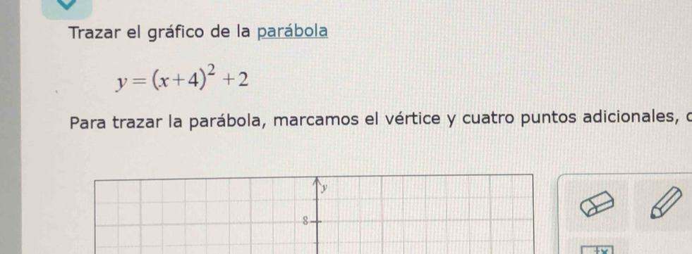 Trazar el gráfico de la parábola
y=(x+4)^2+2
Para trazar la parábola, marcamos el vértice y cuatro puntos adicionales, o
y
8