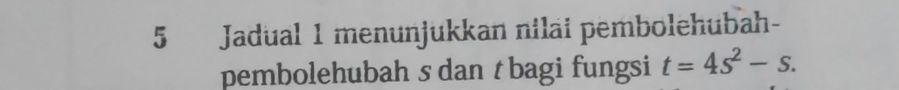 Jadual 1 menunjukkan nilai pembolehubah- 
pembolehubah s dan t bagi fungsi t=4s^2-s.