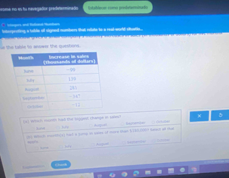 nrome no es tu navegador predeterminado Establecer como predeterminado
@ Intagors and Rational Numbers
Interpreting a table of signed numbers that relate to a real-world situatio....
tole acion goes a smail company a monty inerea e in saies (n totsands of volarsy fo te menad
se the table to answer the questions.
(#) Which month had the biggest change in sales?
×
June July Augast September October
(b) Which month(s) had a jump in sales of more than $150,000? Select all that
June August September Octodar
spply July
Explenation Chock