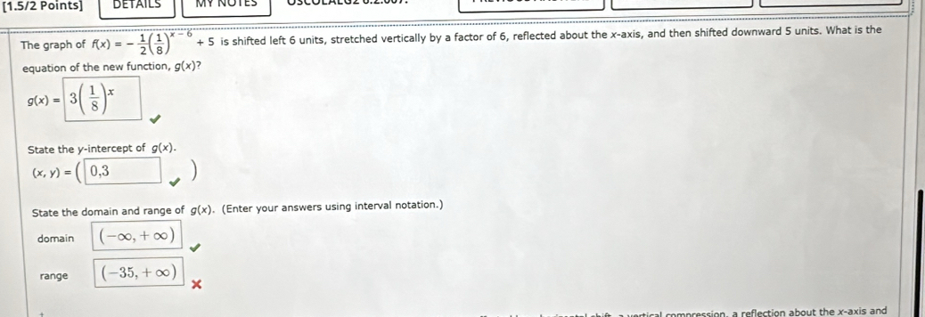 BETAILS 
The graph of f(x)=- 1/2 ( 1/8 )^x-6+5 is shifted left 6 units, stretched vertically by a factor of 6, reflected about the x-axis, and then shifted downward 5 units. What is the 
equation of the new function, g(x)
g(x)=3( 1/8 )^x
State the y-intercept of g(x).
(x,y)= 0,3
State the domain and range of g(x). (Enter your answers using interval notation.) 
domain (-∈fty ,+∈fty )
range (-35,+∈fty )
ion, a reflection about the x-axis and
