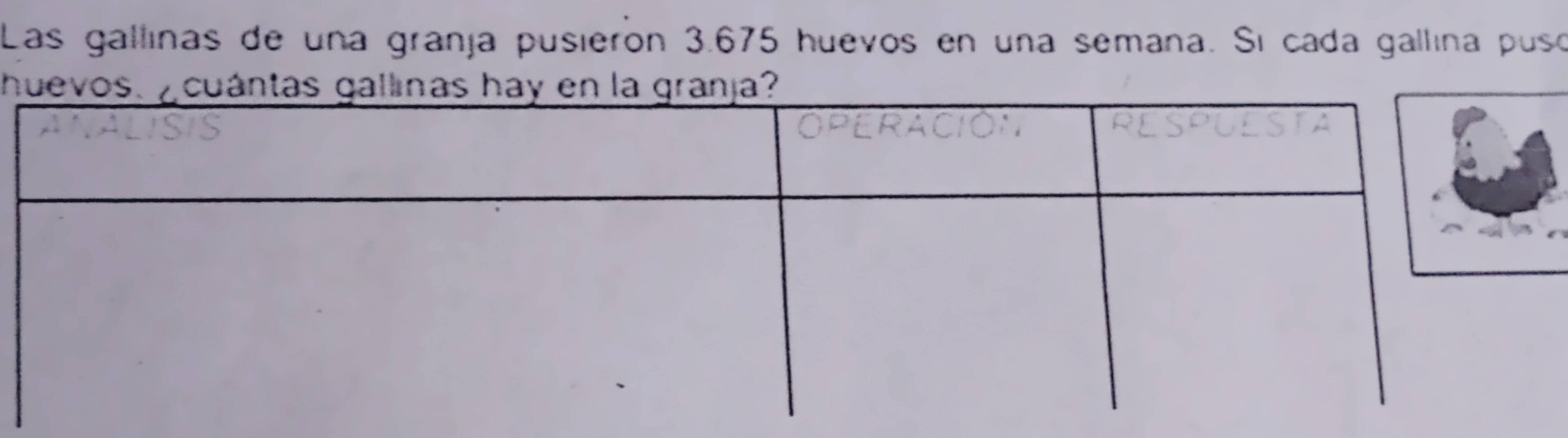 Las gallinas de una granja pusieron 3.675 huevos en una semana. Si cada gallina pusó 
h