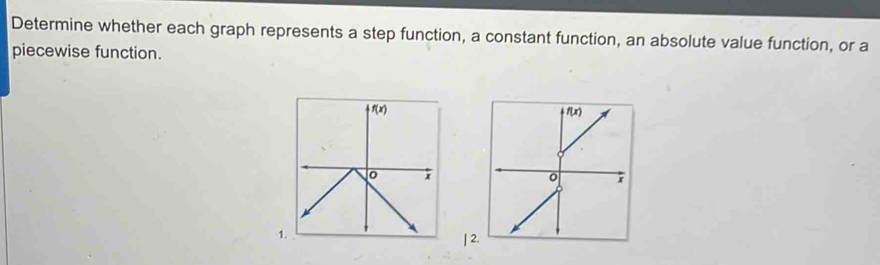 Determine whether each graph represents a step function, a constant function, an absolute value function, or a
piecewise function.
1
| 2.