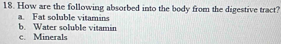 How are the following absorbed into the body from the digestive tract?
a. Fat soluble vitamins
b. Water soluble vitamin
c. Minerals