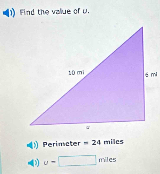 Find the value of u. 
Perimeter =24 miles
u=□ miles