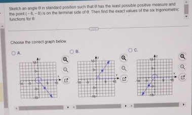 Sketch an angle θ in standard position such thatθ has the least possible positive measure and 
functions for 0 the poin (-6,-8) is on the terminal side of θ. Then find the exact values of the six trigonometric 
Ghoose the correct graph below 
C. 
A. 
B.