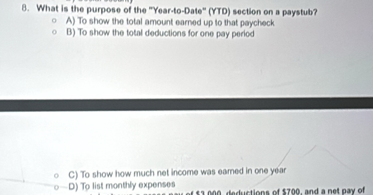 What is the purpose of the "Year-to-Date" (YTD) section on a paystub?
A) To show the total amount earned up to that paycheck
B) To show the total deductions for one pay period
C) To show how much net income was earned in one year
D) To list monthly expenses
$3 000, deductions of $700, and a net pay of