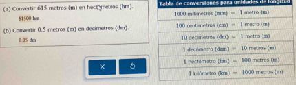 Convertir 615 metros (m) en hect metros (hm).  Tabla de conversiones para unida des  de  lon ituo
61500 hm 
(b) Convertir 0.5 metros (m) en decímetros (dm).
0 05 dm 
× 5