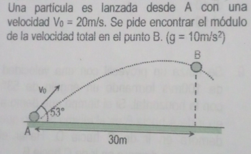 Una partícula es lanzada desde A con una
velocidad V_0=20m/s. Se pide encontrar el módulo
de la velocidad total en el punto B. (g=10m/s^2)