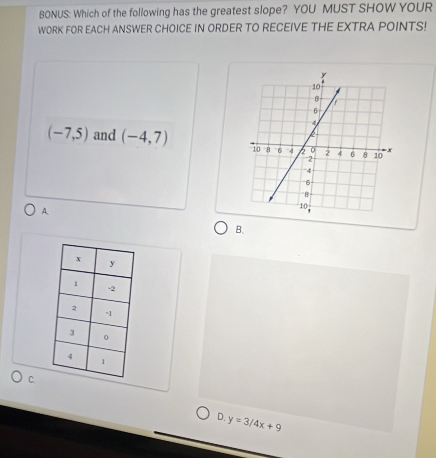 BONUS: Which of the following has the greatest slope? YOU MUST SHOW YOUR
WORK FOR EACH ANSWER CHOICE IN ORDER TO RECEIVE THE EXTRA POINTS!
(-7,5) and (-4,7)
A.
B.
C.
D. y=3/4x+9