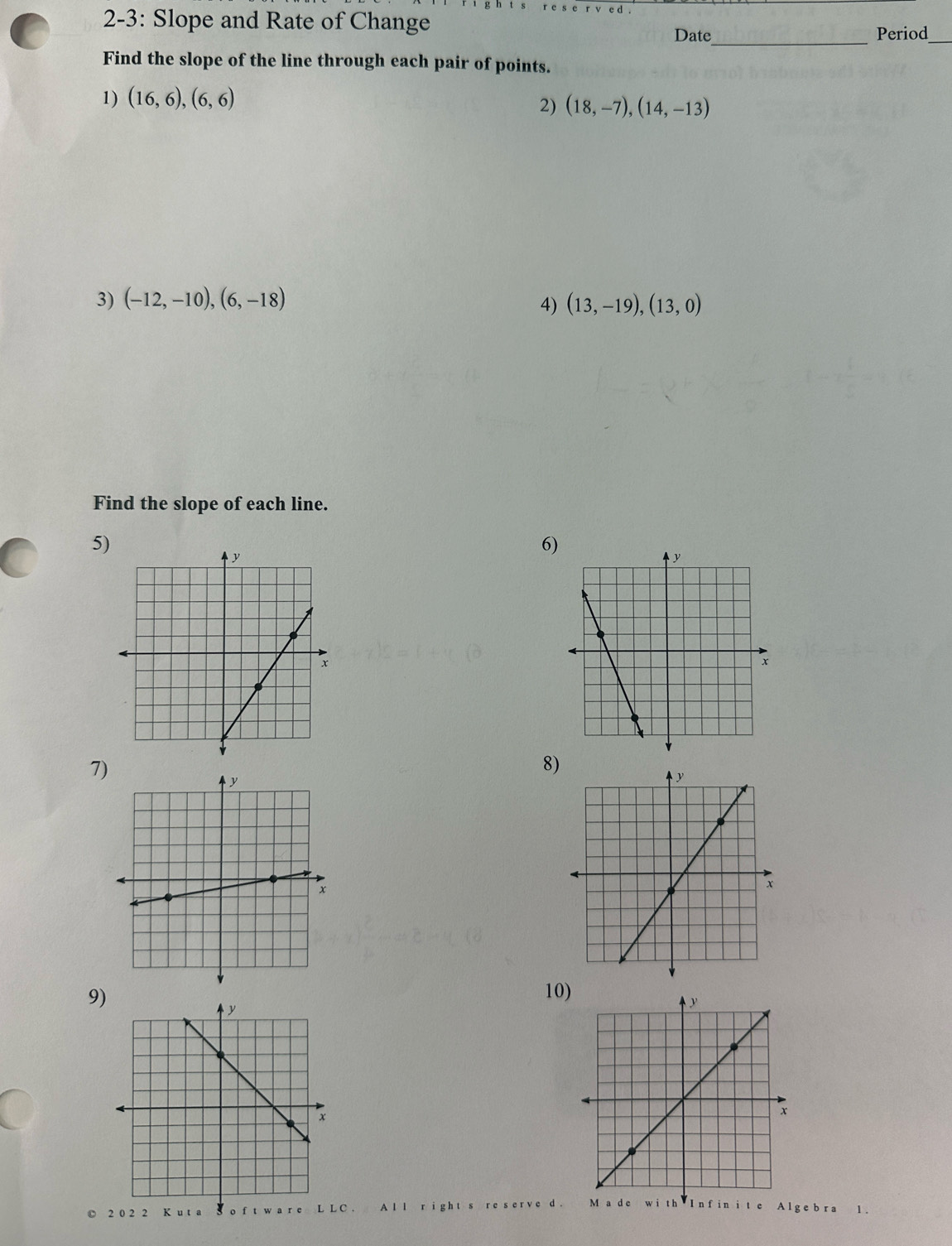 2-3: Slope and Rate of Change Period 
_ 
Date 
_ 
Find the slope of the line through each pair of points. 
1) (16,6),(6,6)
2) (18,-7),(14,-13)
3) (-12,-10),(6,-18) (13,-19), (13,0)
4) 
Find the slope of each line. 
5) 
6 
7) 
8) 
9 
10 
1 t 
c L L C Alge b ra 1 .